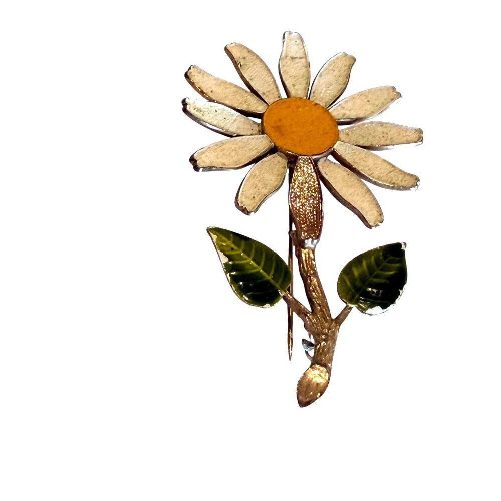 Enamel Daisy Flower Brooch Pin Vintage Gold-Tone Green Leaves Yellow - Picture 2 of 4